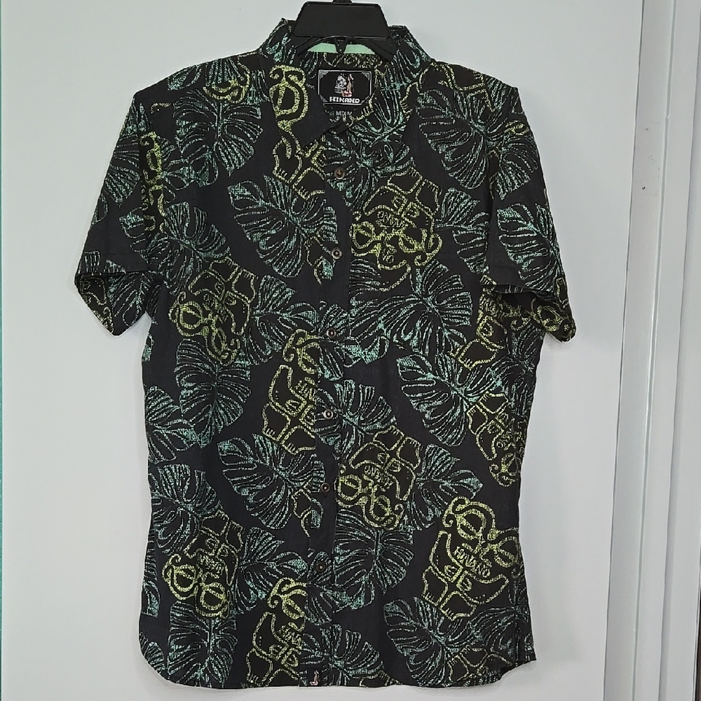 Hinano Tahiti Black and Green Leaf Design Button-up Shirt Size M